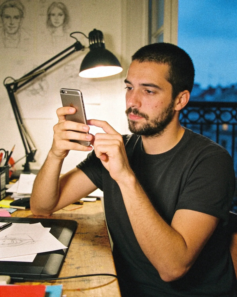 Diseñador gráfico escribiendo en el celular en su escritorio