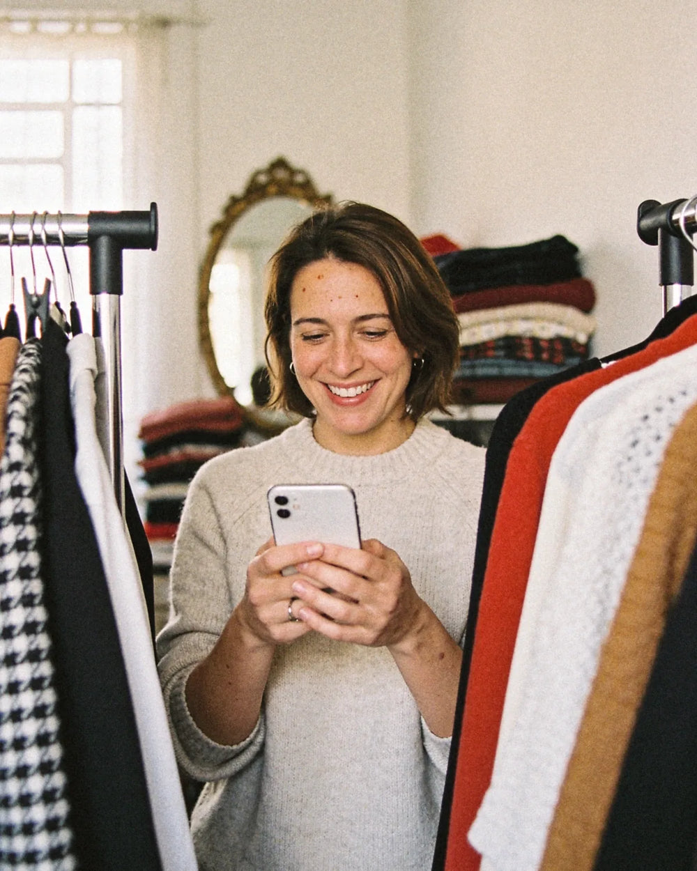 Mujer que vende ropa, con el celular entre percheros