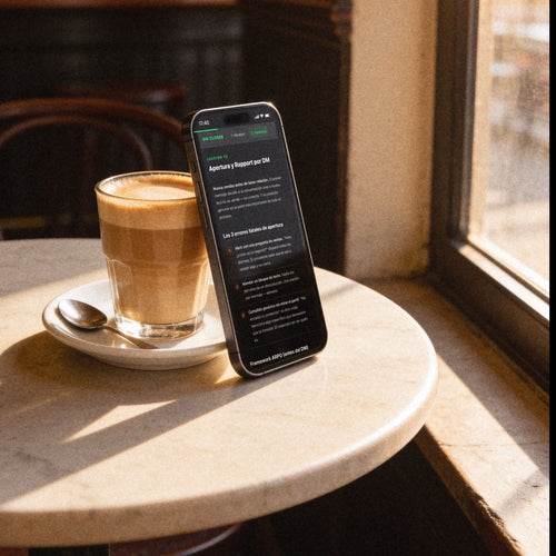 Un celular apoyado en un vaso de cortado en un café, con la lección 2 de DM Closer Express en pantalla